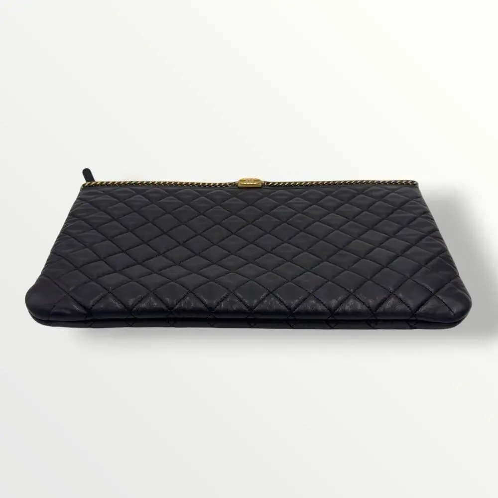 Large O Case Black Quilted Lambskin Zip Pouch Gold CC Clutch Bag